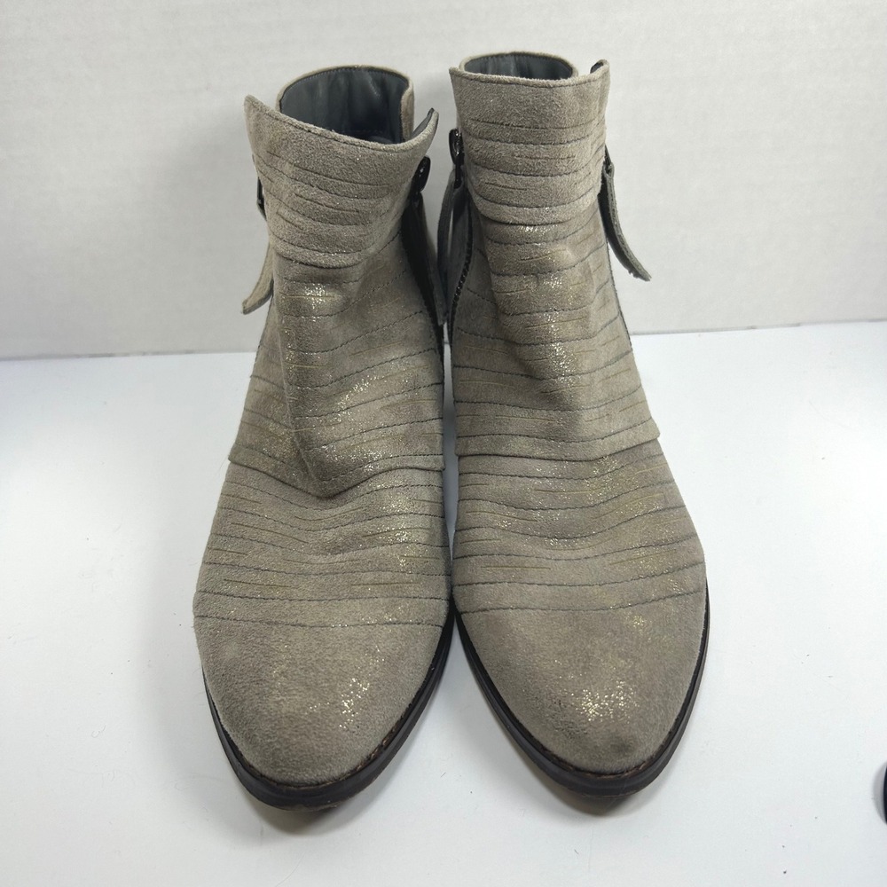 David Tate Boho Shimmer Suede Ankle Boots 8M Leather Western Moto Chic Gray Gold
